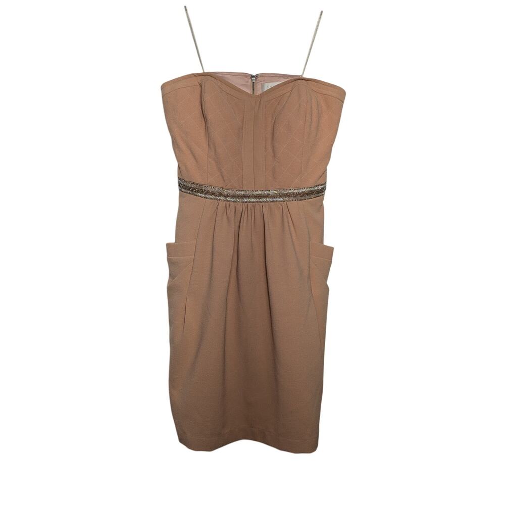 Women's MM Couture Taupe Strapless Mini Dress Beaded Empire Waist Size M